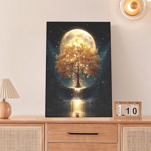 Golden Tree Wall Art Fantasy Tree with Moon and Waterfall Canvas Wall Decor Pictures Paintings Prints Mystical Nature Artwork Framed De corations For Meditation Space Bathroom Bedroom Living Room Office Gifts 16" x 24" - color: Golden Tree, size: 24"L x 1