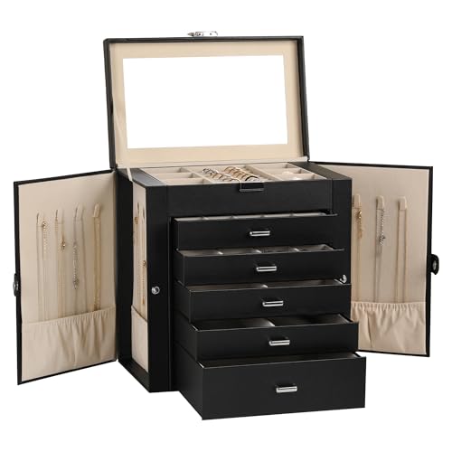 Frebeauty 6-Layer Jewelry Box for Women,Large Jewelry Organizer with Drawer - color: Black, size: Large