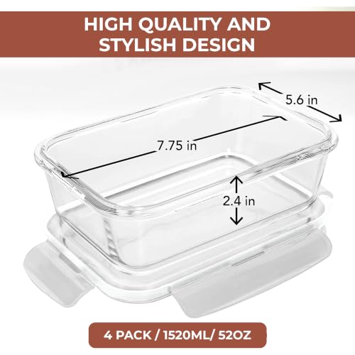 Razab 6.5 Cups / 52 Oz 4 Piece (2 Containers + 2 Lids) Glass Food Storage Containers Set with Airtight Locking Lids - For Storing, Baking & Serving BPA Free, Leakproof - Microwave, Freezer & Oven Safe - color: White