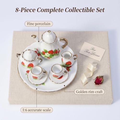 Miniature Tea Set 1/6 Scale Dollhouse Accessories Porcelain, Strawberry - color: Strawberry