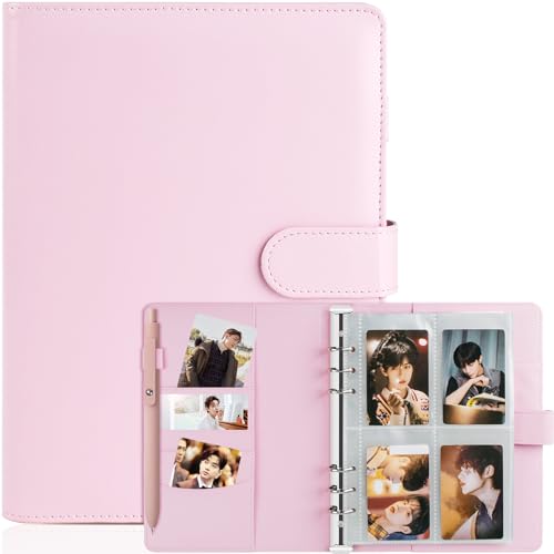 A5 Kpop Photocard Binder, 6 Ring Binder Album with 200 Card Slots, Leather Binder Cover with Magnetic Buckle Closure for Organizing Trading Cards(Pink) - color: Pink