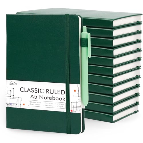 feela 12 Pack Notebooks Journals Bulk with 12 Black Pens, A5 Hardcover Notebook Classic Ruled Journal Set with Pen Holder for School Business Work Travel Writing, 120 GSM, 5.1”x8.3”, Dark Green - color: 12 Pack dark green