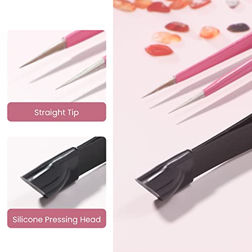 2 Pcs/Set Straight Nail Tweezers Probe Tips Metal Tweezers with Silicone Pressing Head for Nail Art, Picking Gems Rhinestones Acrylic Gel Stickers Eyelash Extensions