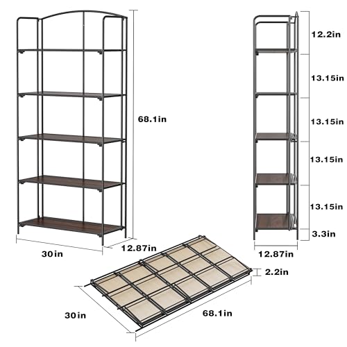 Crofy 5-Tier Wider Foldable Bookshelf, Black Frame & Walnut Shelves - color: Black Frame & Walnut Shelf, size: 5 Tier Wider