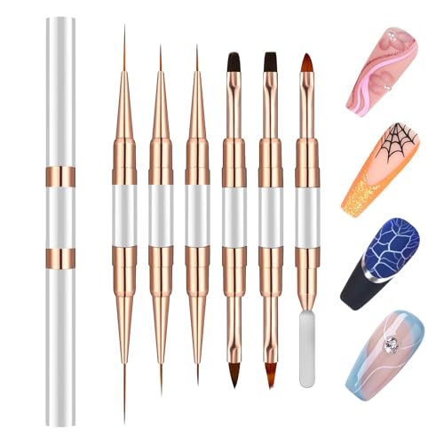MUIIGOOD Double-Ended Acrylic Nail Art Liner Brushes, 6Pcs Gel Polish Nail Art Design Pen Painting Tools Set For Nails, Dotting Drawing Tool Polygel Brush for Long Lines, Thin Details, Fine Drawing - color: White