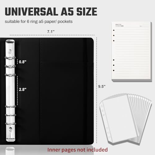 Ovesmusl PU Leather Aesthetic A5 Binder 6 Ring Binder Journal Cover - color: Black, size: A5