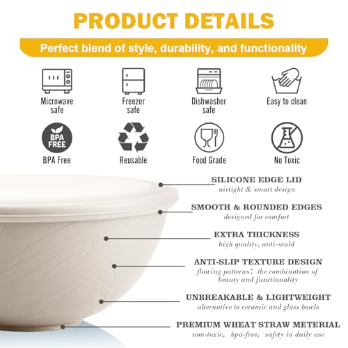 Wheat Straw Bowls Set with Lids, Unbreakable 40 OZ Large Cereal Bowls Set of 4, Salad Container for Lunch, Microwave & Dishwasher Safe Bowl Set for Kitchen, Picnic, RV, Camping, Beige - color: Beige, size: 40 OZ with Lid