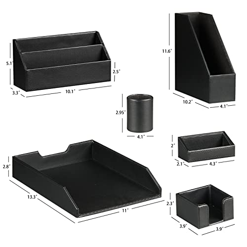 Ayunga PU Leather 6-piece Office Supplies Combination Set,Pencil Cup,Business Card Holder,Sticky Note Dispenser,Mail Sorter,Letter Tray,Files Holder,Suitable for Self-use and Friend Gifts(Black) - color: Black