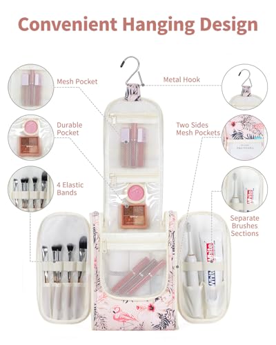 Narwey Hanging Travel Toiletry Bag for Women, Cosmetic Makeup Bag - color: B-Beige Bird, size: Medium