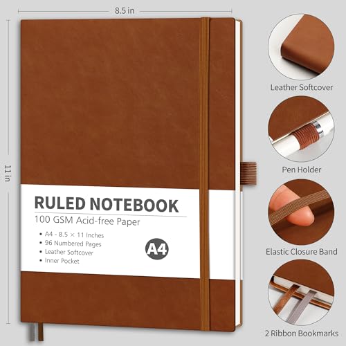 RETTACY Lined Journal Notebook, 96 Numbered Pages, A4 Size (8.5'' x 11'') - color: Brown, style: Lined