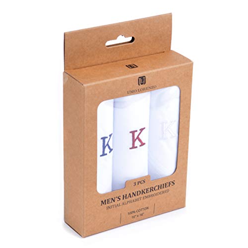 Initial Handkerchief for Men, Monogrammed Boxed 3 Piece Set,100% Cotton - color: K Initial
