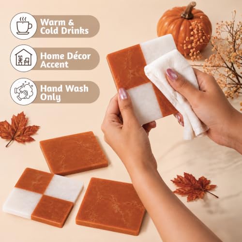 Folkulture Cute Fall Coasters, Set of 4, Non Slip, Easy to Clean - 4 Inch - color: Checkered - Rust