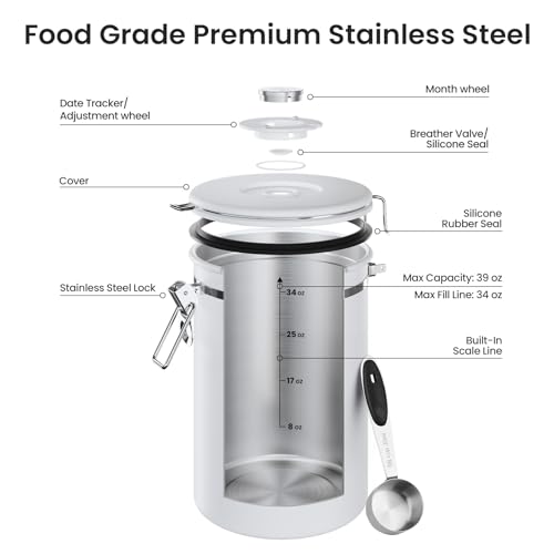 Veken Coffee Canister,39OZ, 2.2lbs,Large Airtight Stainless Steel Container - color: Jet White, size: 39 oz