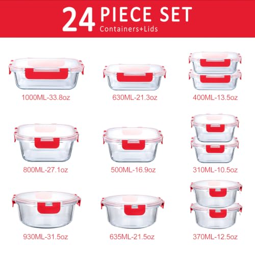 M MCIRCO 24 Piece Glass Food Storage Containers with Lids, Red - color: Red
