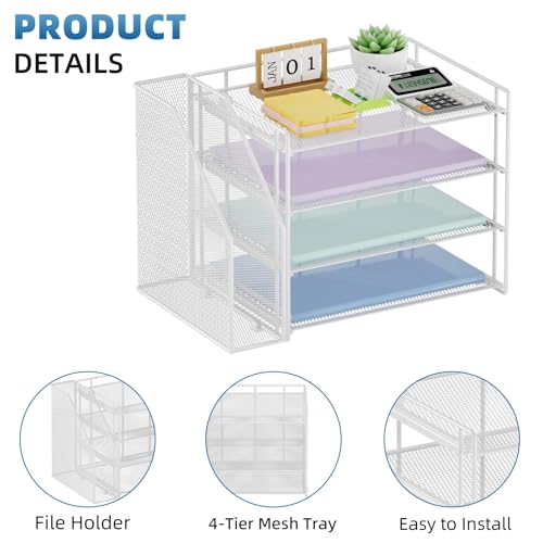 Marbrasse 4-Tier Paper Tray Organizer with File Holder, White - color: White