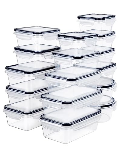 FOOYOO 32 Piece Food Storage Container with Lids (16 Containers + 16 Lids) - Plastic Food Containers with Lid, Airtight Leak Proof Snap Lock, BPA Free Storage Containers - color: Transparent - 32 Pcs