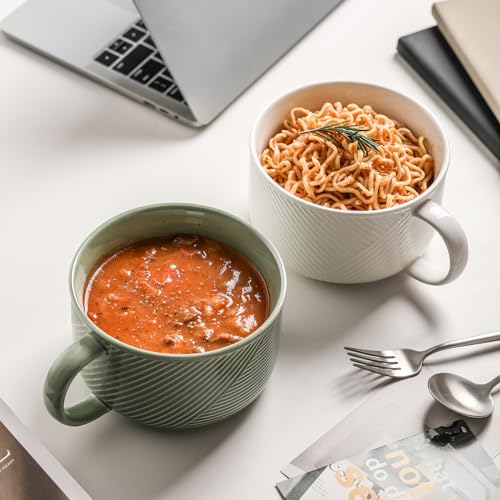 Ceramic Soup Bowl with Handle, 38 oz Microwave Safe, Pea Green - color: Pea Green