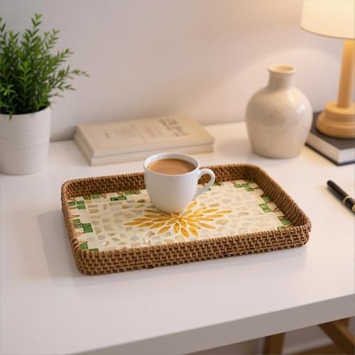 3 Pcs Rectangle Rattan Mother of Pearl Inlay Shell Decorative Serving Tray - color: Yellow Flower