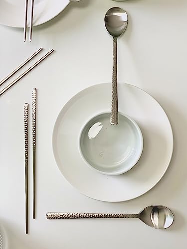 Korean Made Silver Glossy Hammered Stainless Steel Korean Spoon & Chopstick SET Gift for Mom Stocking Stuffer(4SET)