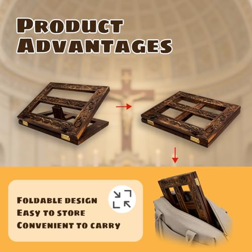 DoubleFill Adjustable Wooden Bible Stand, 13" x 10" Carved Missal Stand,Carved Bible Holder,Folding Display for Reading Bibles Books Reading Folding Religious Prayer