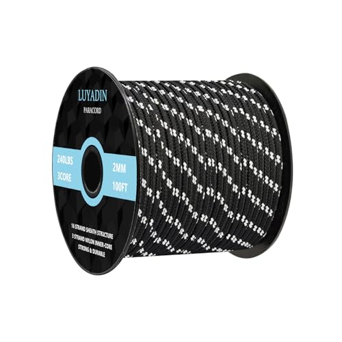 Paracord 240lb - Diameter 2mm Micro Utility Cord -3 Strand Parachute Spool Cord - 100ft 200ft,Paracord for Camping,Hiking,Fishing,Outdoor and DIY - color: Black White Camo, size: 100 ft