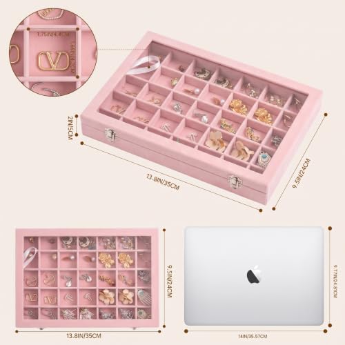 Frebeauty 35 Grid Earring Organizer,Velvet Jewelry Tray with Clear Lid - color: Pink, size: 35 Grid