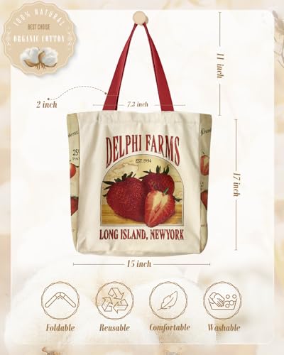 Miss Adola Aesthetic Heavy Canvas Tote Bag - with Pocket for Women Large Size 14''×16''×3.5'' Cloth Cotton Bags for Shopping - color: Strawberry Farms