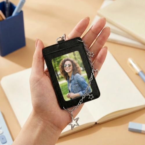 K-pop Photocard Holder Keychain with Metal Chain,Photocard Holder Keychain for Fans,Star&Heart Design Photo Card Keychain - color: Black