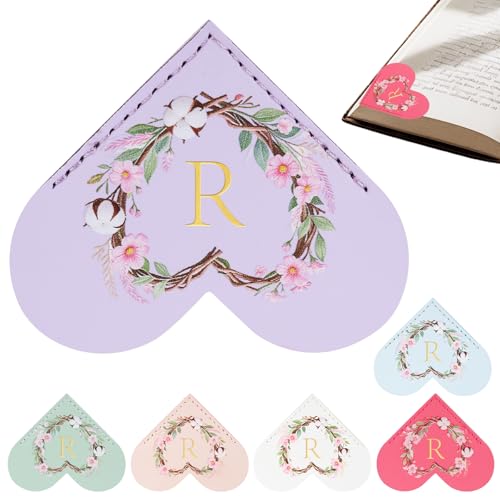 6 Pack Macaron Colorful Bookmarks,Heart Shape Leather Bookmark Set with Floral Initials,Cute UV Printed Design,Bulk Graduation Gifts for Students Teachers Book Lovers,Elegant Thank You Gift (R) - style: R