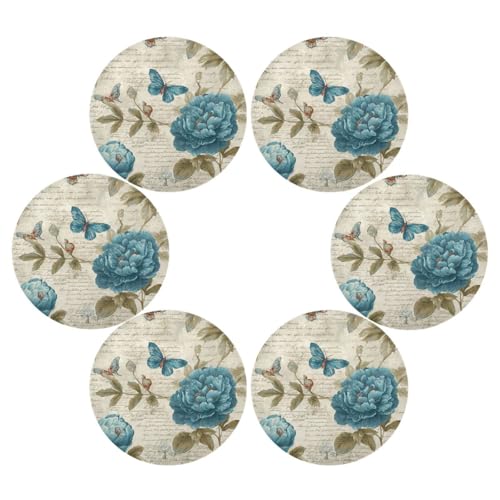 Blue Flower Butterfly Retro Pattern Round Placemats Washable ‌Heat Resistant‌ ‌Non-Slip Place Mats Table Place Mat for Kitchen Dining Set of 6 - color: Blue Flower Butterfly Retro Pattern, size: 15.4x15.4inx6