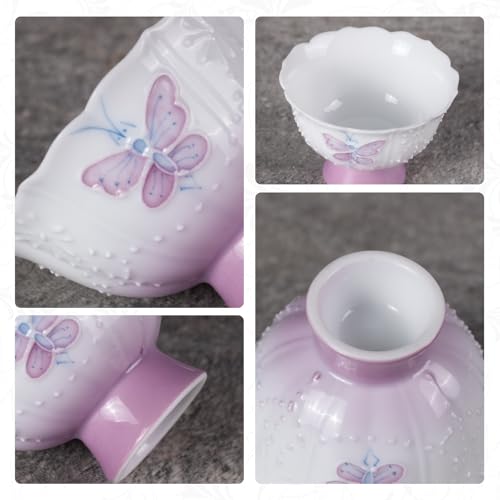 KAMMAK Tea Cup, 1.3oz Mini Porcelain Tea Cups Set of 2, Ceramic Teacups with Short Stem, Cute Teacup Set for Home, Tea Party, Chinese Kungfu Tea Set for Hot/Cold Drink (Purple Curtain Butterfly) - style: 719N Purple Butterfly