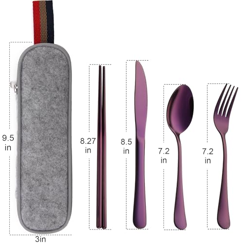 DEVICO Travel Utensils with Case, 5 Piece Portable Silverware Set for Work - color: Purple