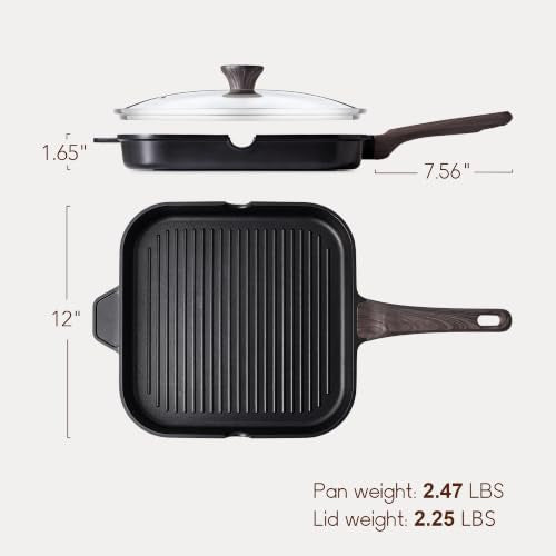 SENSARTE Nonstick Grill Pan with Lid, Grill Pan for Stove Tops, Versatile Griddle with Pour Spouts, Square Big Cooking Surface, Durable Skillet Indoor & Outdoor Grilling. PFOA Free - color: Classic Black, size: 12 Inch