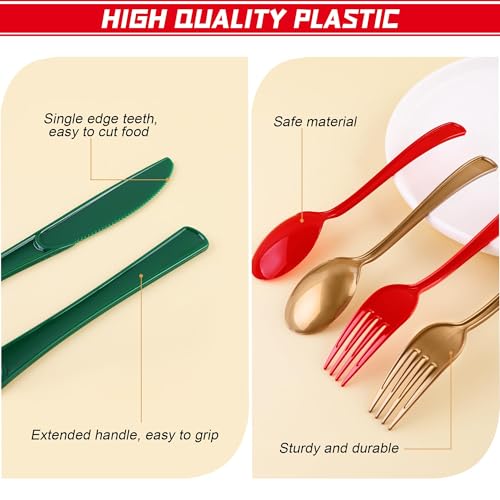 Kochorie 300 Pieces Christmas Plastic Silverware Heavy Duty Plastic Cutlery Set Heavyweight Disposable Flatware Includes Christmas Spoons Knives Forks for Christmas New Year Party - color: Red, Green, Gold