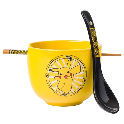 Silver Buffalo Pokemon Pikachu Electric Ceramic Ramen Noodle Rice Bowl with Chopsticks and Spoon, Microwave Safe, 20 Ounces - color: Pokemon Pikachu Spoon Set, size: 20 Ounces (With Spoon)