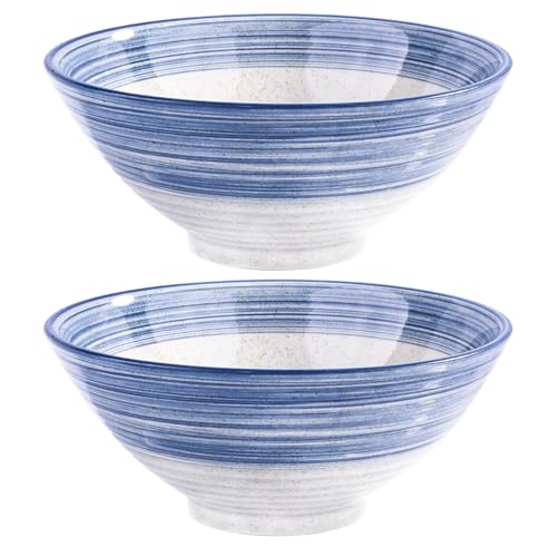Ceramic Ramen Bowl Set of 2, 8.3" Blue Striped Japanese Noodle Bowls - color: BS