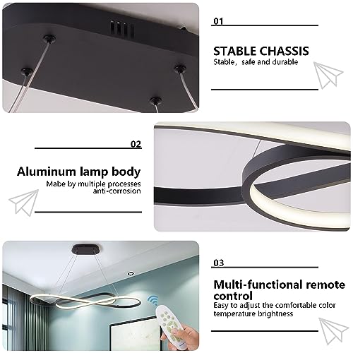 Led Pendant Light, Modern Chandelier,Dimmable Black Led Chandelier for Dining Room Light Fixture Over Table Modern Kitchen Island Lighting with Remote,Height Adjustable Ceiling Lamps - color: Black, size: 39.37in