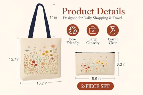 Aesthetic Canvas Tote Bag for Women – Minimalist Open-Top Design, Perfect for Books, Daily Errands and Gifting. - color: Wildflower Garden