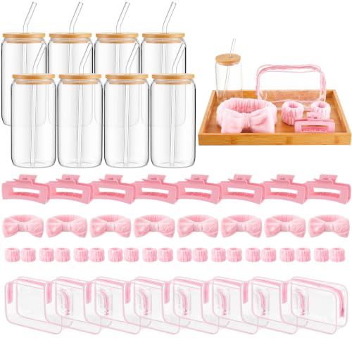 FoldTier 8 Set Spa Sleepover Party Supplies for Girls Include 16oz Glass Cups Headbands, Wristbands, Hair Claw Clips and Clear Cosmetic Bag for Women Slumber Weekend Bridesmaid Party Gifts (Pink) - color: Pink