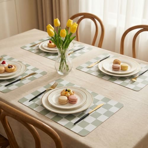 Set of 6 Checkerboard Non-Slip Washable Placemats for Dining Table - color: Sage Green