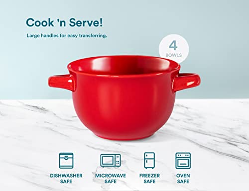 KooK French Onion Soup Crocks with Lids & Handles, Set of 4, Cherry Red - color: Red