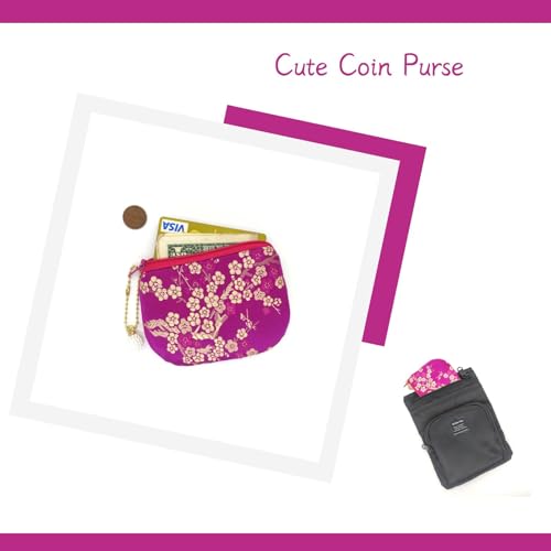 Handmade Women Coin Purse Brocade Rosary Bag Silk Jewelry Pouch Zipper Wallet - Magenta - color: Magenta