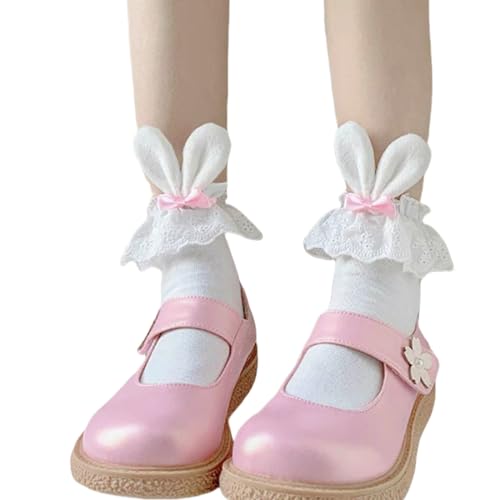 Cute Lolita Rabbit Bunny Ears Socks for Women & Teen Girls - Lace Bow Short Novelty Ankle Socks - color: Pink