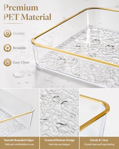 Clear Acrylic Tray, 6 Pack Acrylic Serving Trays Deep Serving Platter Decorative Tray with Gold Rim, Reusable Plastic Tray for Living Room Entryway Bedroom Kitchen Coffee Table Coutertop (Medium)