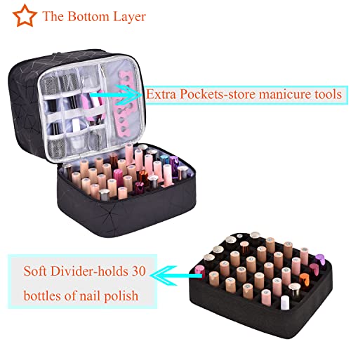 CTWWFS PU Leather Nail Polish Organizer and Nail Lamp Case, Nail Kit Organizer Holds 30+ Bottles (15ml - 0.5 fl.oz) and a Nail Lamp, Nail Polish Carrying Case with Manicure Tools Storage Sections - color: A-Black