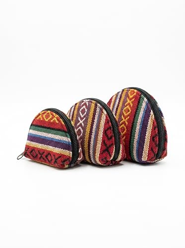 Set of 3 Handmade Boho Coin Purses – Cotton & Hemp Zip Pouches | Small Travel Wallets for Coins, Keys & Cards | Ethnic Pattern Mini Bags (3 Sizes) (Red) - color: Red