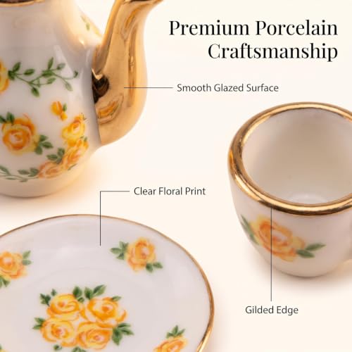 Miniature Tea Set 1/6 Scale Dollhouse Accessories Porcelain Yellow Rose - color: Yellow