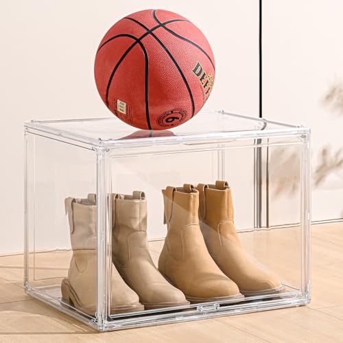 XXX-Large Clear Display Case 17.7" x 13" x 13" Extra Large Display Organizer Box with Magnetic Door, Stackable Acrylic Storage Bin for Boots, Shoes, Collectibles, Bags, Figures