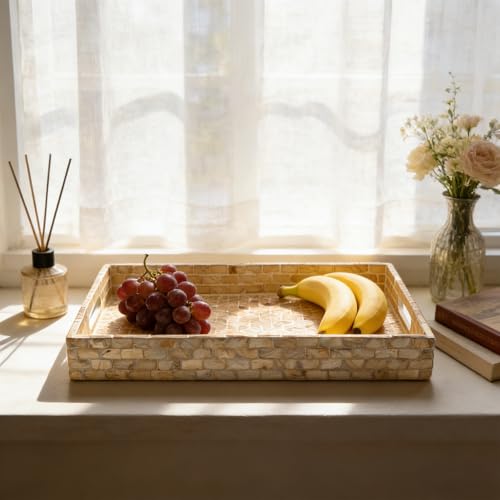 Rectangular Mother of Pearl Serving Tray, Handmade Ottoman Decorative Shell Tray with Handles for Fruit Bread Tea Breakfast Coffee Table Party Home Decor (Gold Mosaic) - color: Gold Mosaic