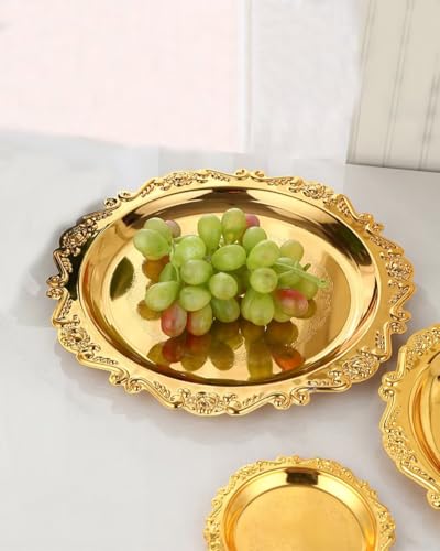 Round Decorative Tray 9.8in Metal Dessert Plates Vintage Coffee Table Tray for Snacks Fruit Gold - color: Gold, size: 9.8"